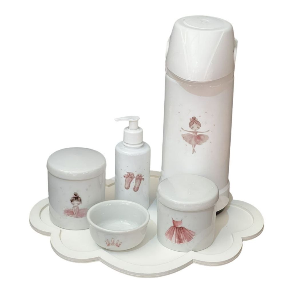🛍️ Kit Higiene Bebê Porcelana Bailarina Bandeja Nuvem ou Coração Adesivo Dtf Uv Com Nome