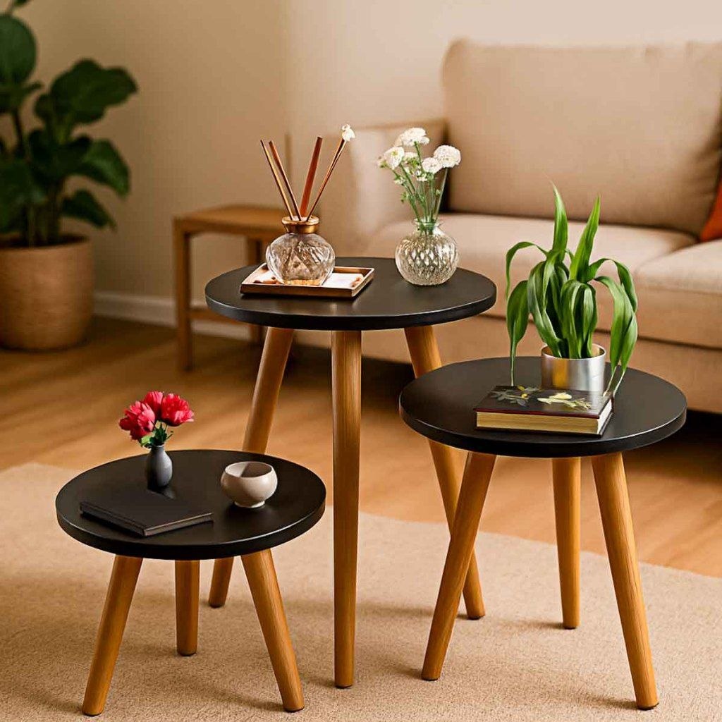 - Trio Mesinhas Lateral Para Sala Retro Pé Palito Porta Objetos Decoração