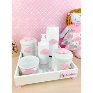 🛍️ Kit Higiene Bebê Porcelana Temas Rosa Nome Personalizado Garrafa Branca