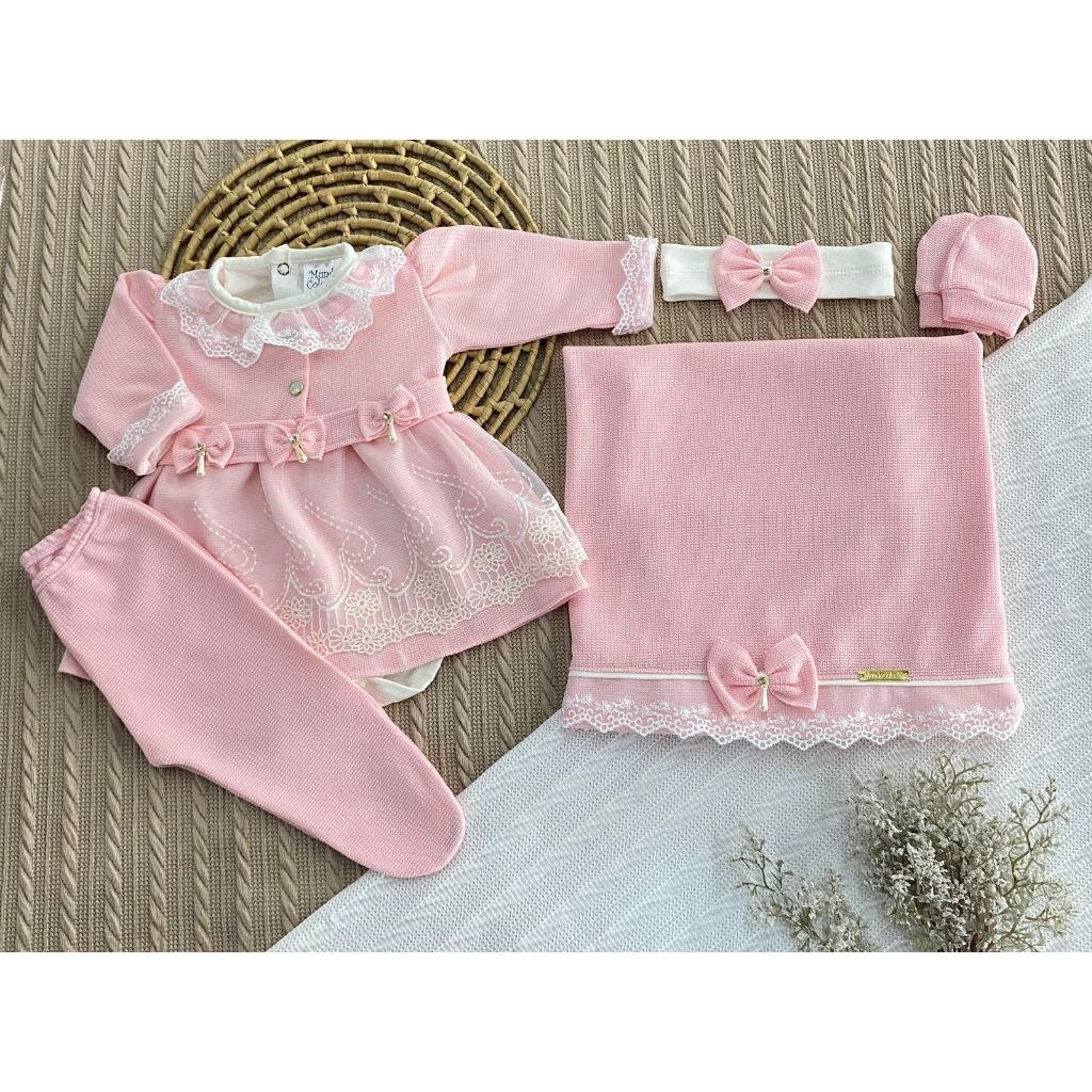 🛍️ Saída de Maternidade RN  6 Peças em Malha Tricô Macio Vestido, Body, Manta, Luvas e Cu