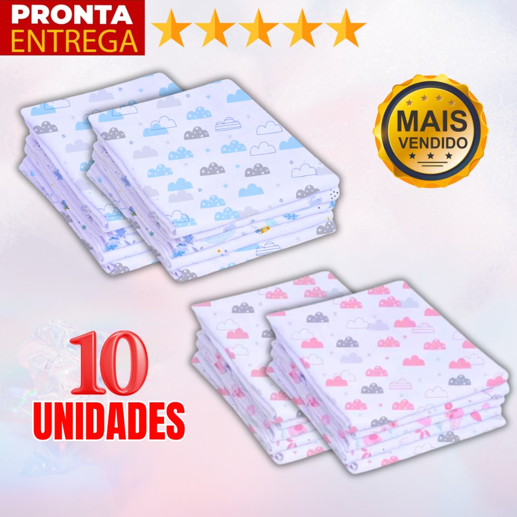 🛍️ Kit 10 Unidades Fralda De Pano Estampada 60 x 60 Enxoval Infantil Bebê Menino Menina