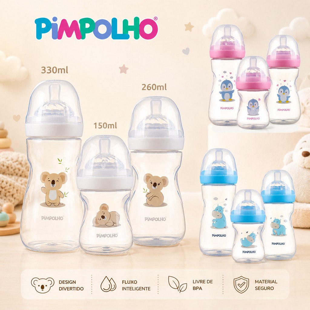 🛍️ Mamadeira Infantil Pimpolho Anticólica livre BPA – Silicone Macio - 150ml/260ml/330ml