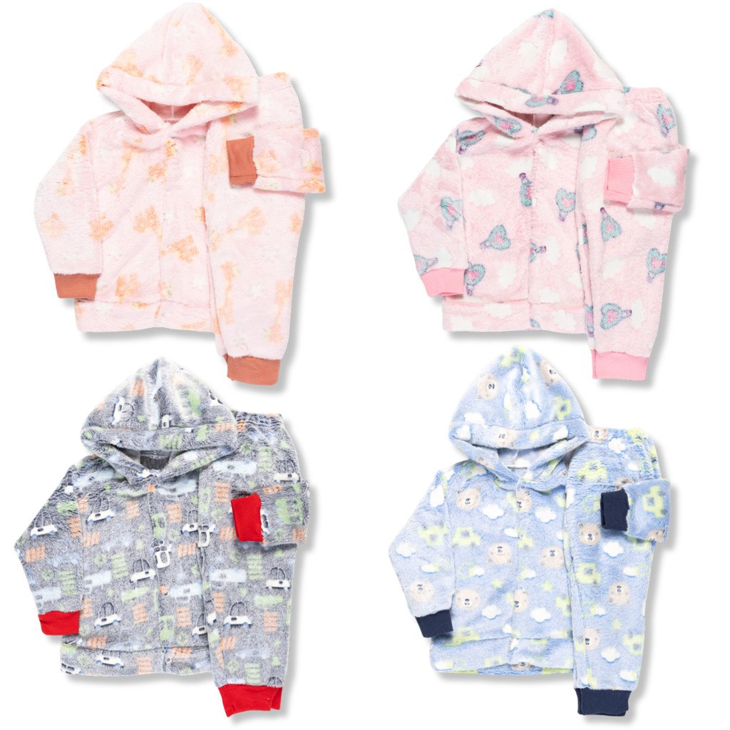🛍️ Kit 4 Peças Roupa Infantil Frio Inverno  - 2 Conjunto Fleece Lúdico Brilha No Escuro M