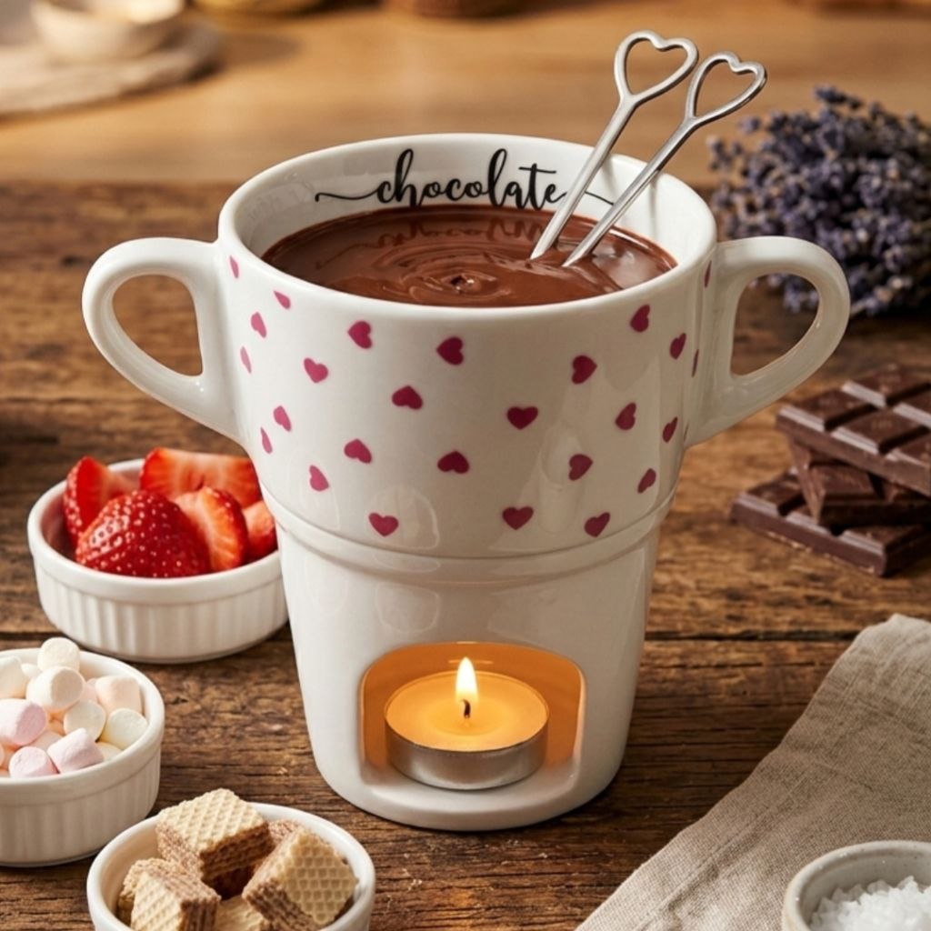 - Caneca Fondue 250ml Porcelana Decorada Alça Chocolate Queijo Sobremesa Mesa Posta Dia Do