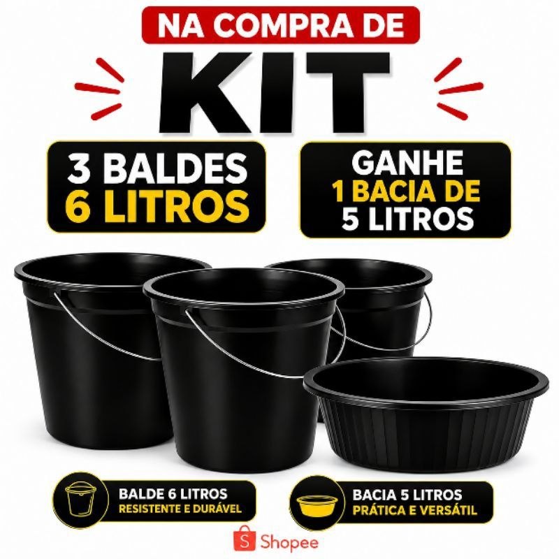- Kit Balde 6 Litros + Bacia 5 Litros Grátis | Balde Plástico Resistente Multiuso para Lim