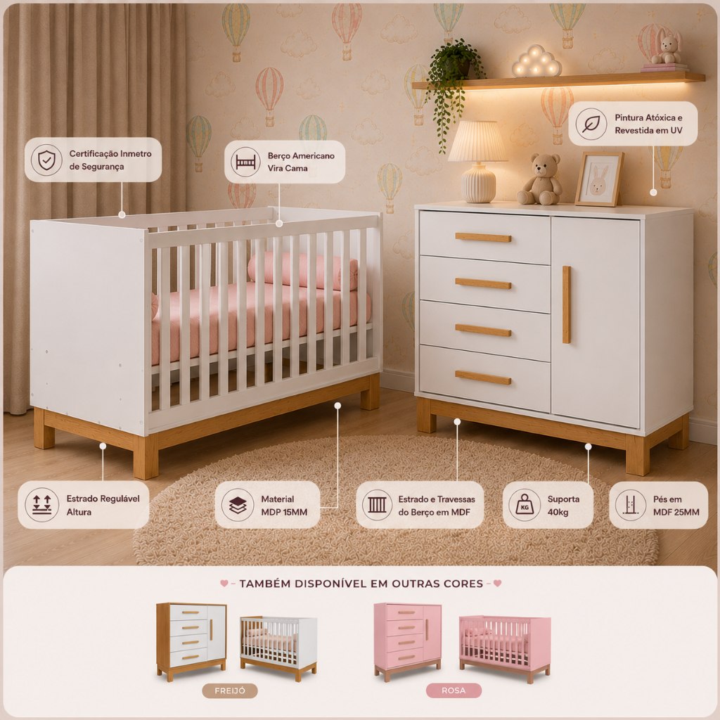 🛍️ Quarto Bebe Infantil Q Encanto Berço Vira Cama e Comoda Sapateira 1 Porta 4 Gavetas Sl