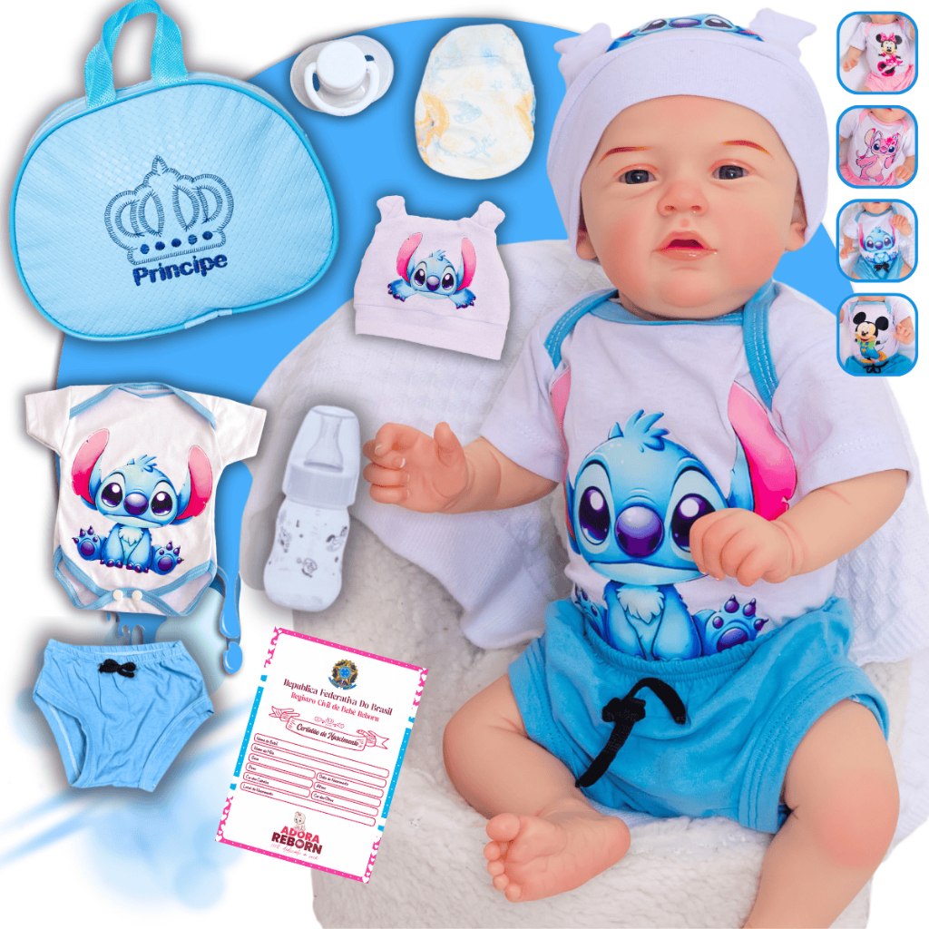 🛍️ Bebê Reborn Menino Original Stitch Realista Silicone Com Bolsa Maternidade Envio Imedi