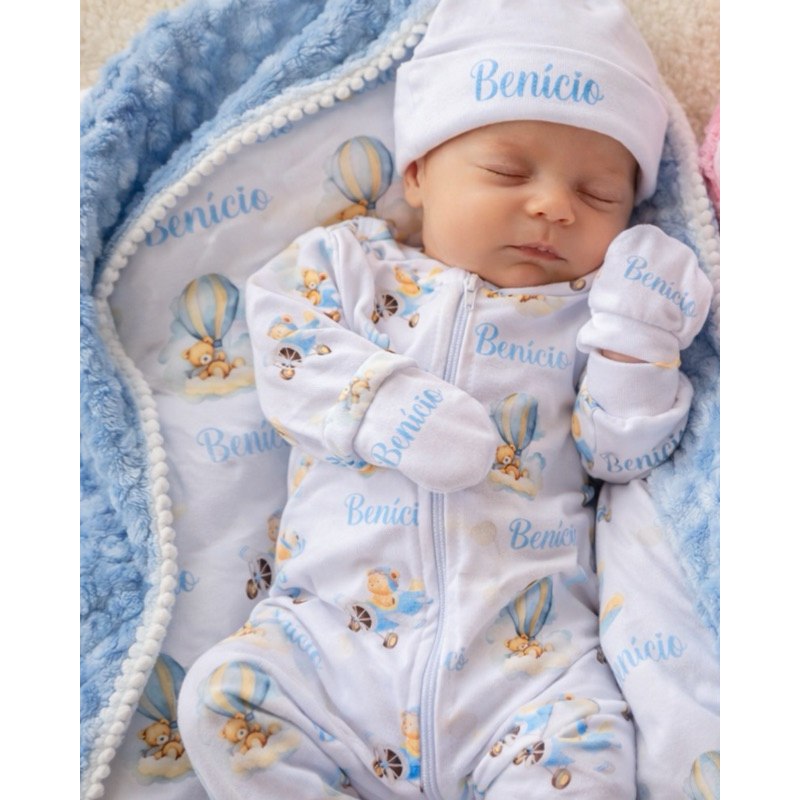 🛍️ Kit Maternidade Personalizado Bebê | Manta + Macacão RN | Presente Recém-Nascido