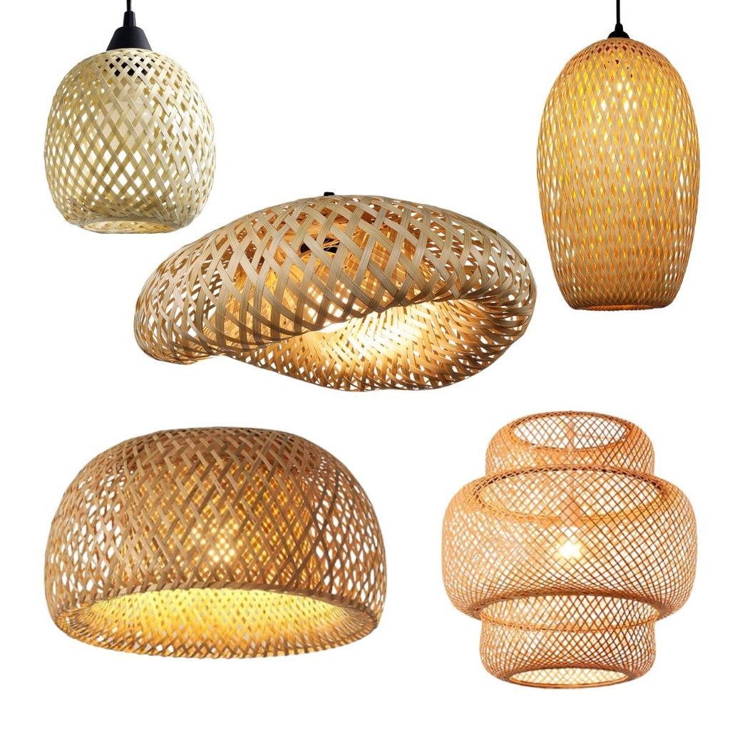 - Composição de Lustres Teto Luminária Pendente Bambu Rattan Rústico Trançado Conjunto Sal