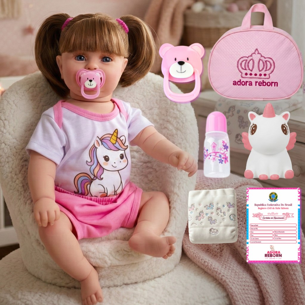 🛍️ Boneca Bebê Reborn Unicórnio Menina Original Realista de Silicone Pode Dar Banho Com B