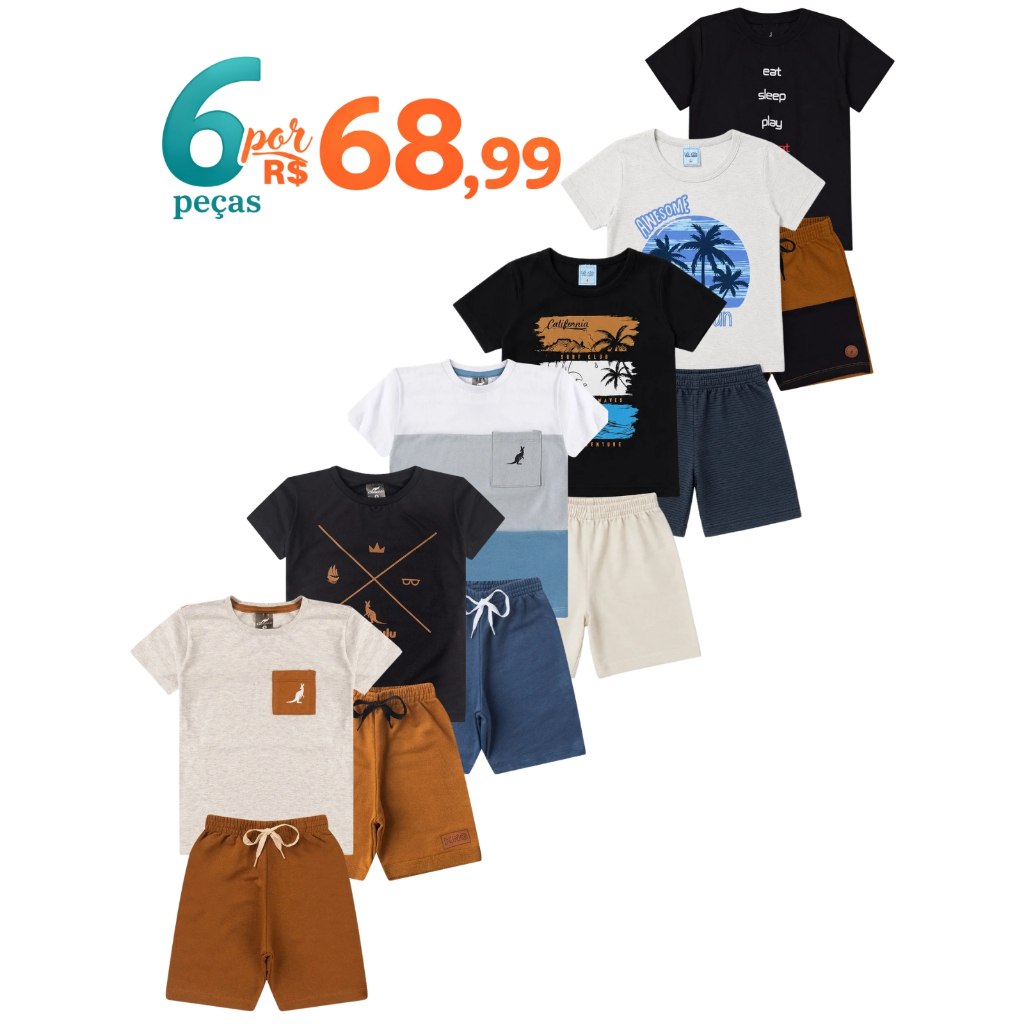 🛍️ Kit 6 Peças Conjunto Infantil Menino Verão Bebê Algodão Promoção 3 Camisetas + 3 Bermu