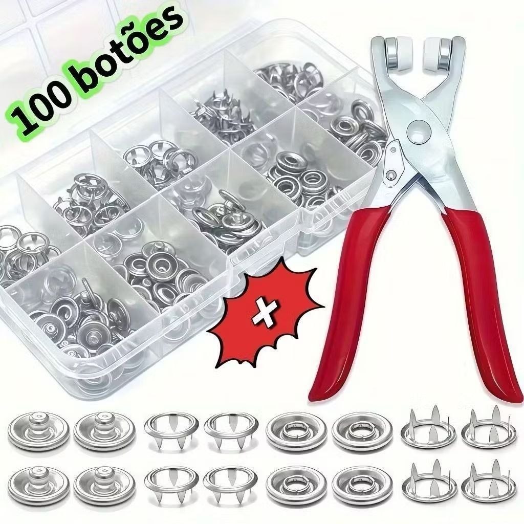 🛍️ Alicate Aplicador Com 100 Botões De Metal De Pressão Para Roupa