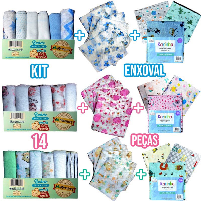 🛍️ Kit Bebe Infantil 14 Peças 6 Paninho de Boca 5 Fralda de Pano 3 Cueiro Flanelado 100%