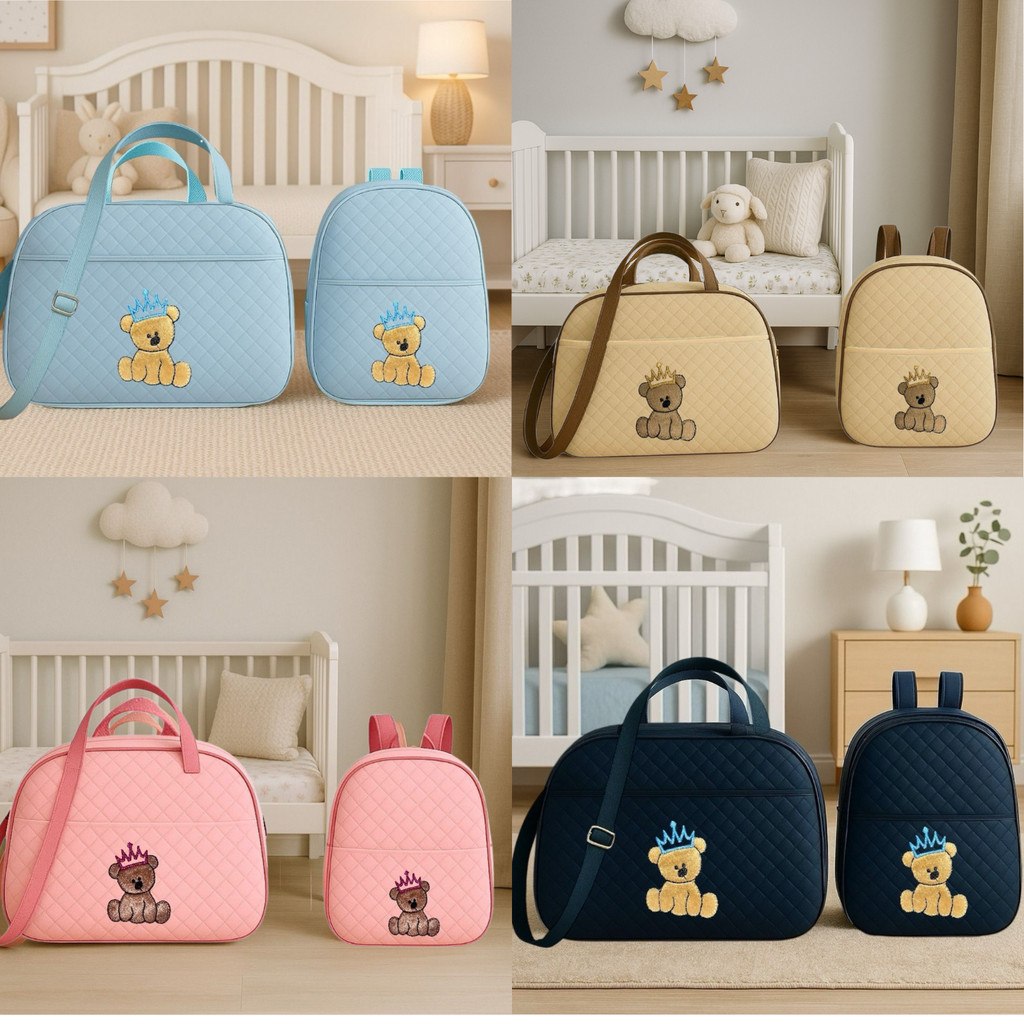 🛍️ Kit Bolsa E Mochila para Bebê Saida Maternidade Urso Bordada