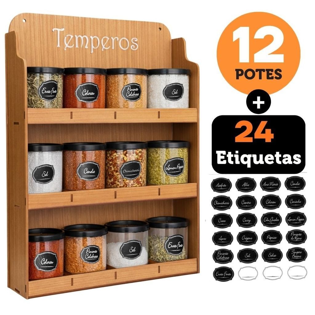 - Porta Temperos Grande Com 12 Potes E 24 Adesivos Suporte Parede Para Condimentos Especia