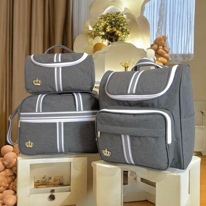 🛍️ Kit Classic Cinza Bolsas Maternidade 03 peças Mala  Mochila e Necessaire