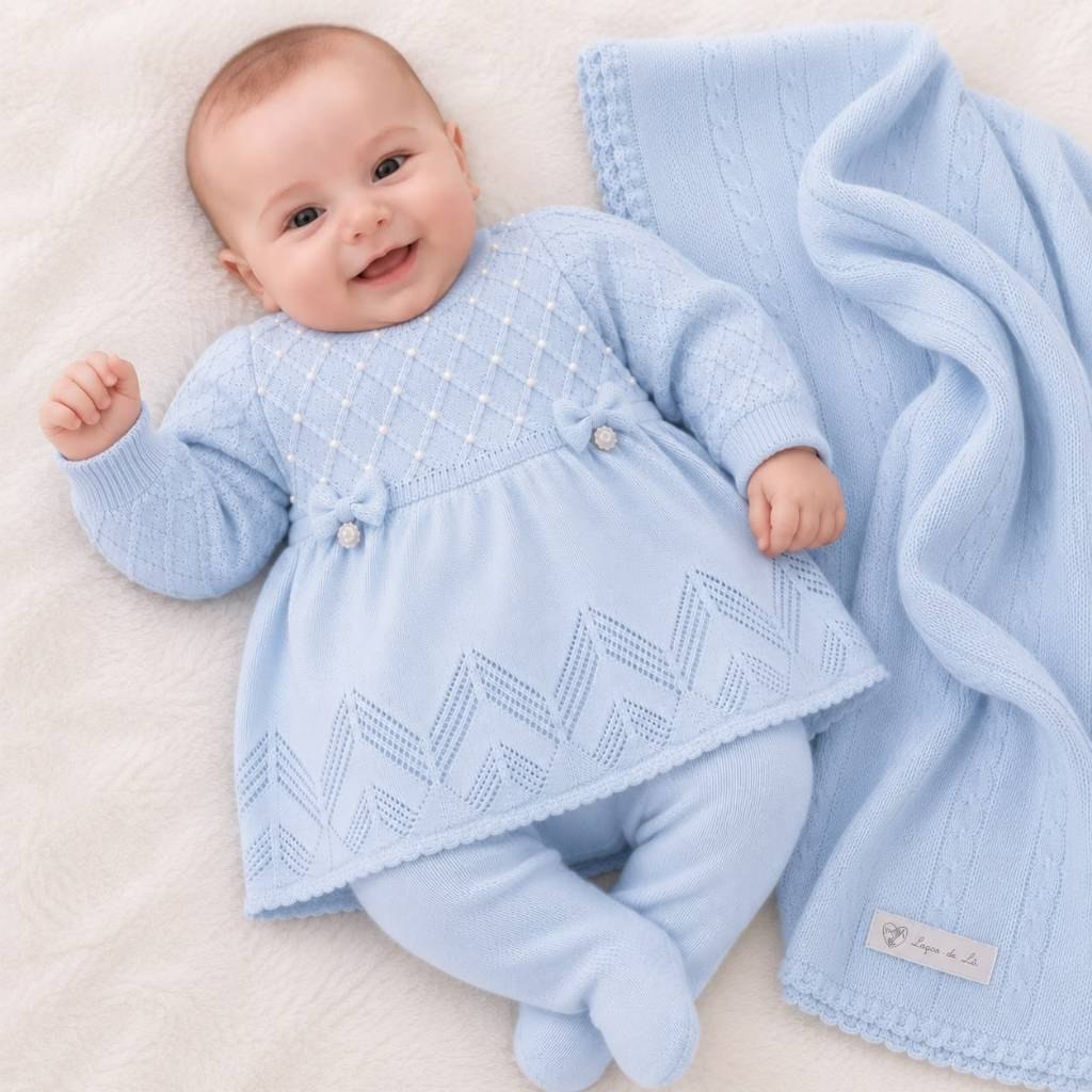 🛍️ Conjunto Saída de Maternidade Menina Lara Tricô Luxo com Vestido, Calça e Manta RN
