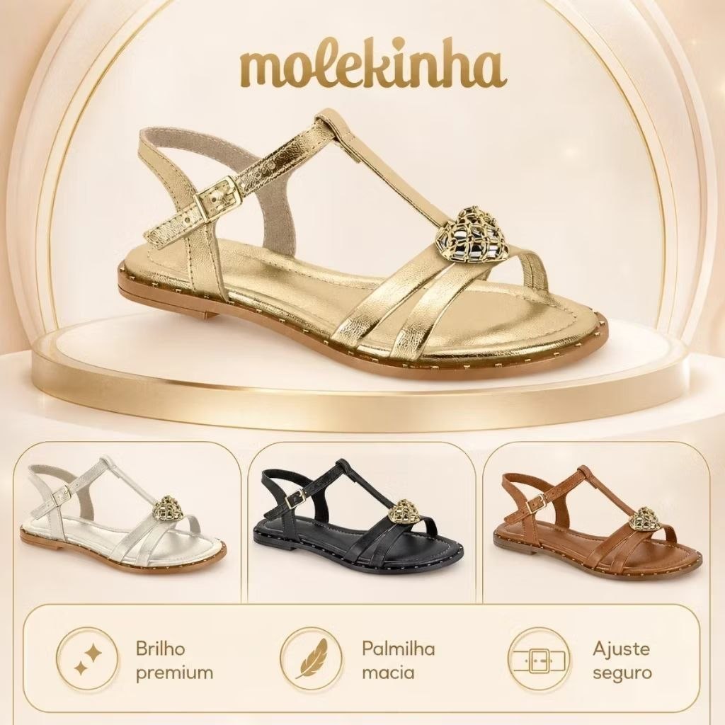 🛍️ Sandália Molekinha Infantil Rasteira Dourada Coração Luxo Lançamento Original !