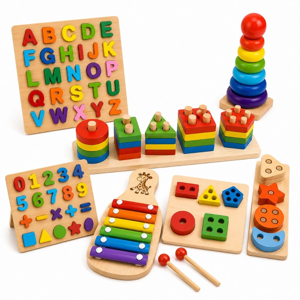 - Kit de Brinquedo Educativo Montessori de Madeira - Formas Geométricas - 3 Jogos