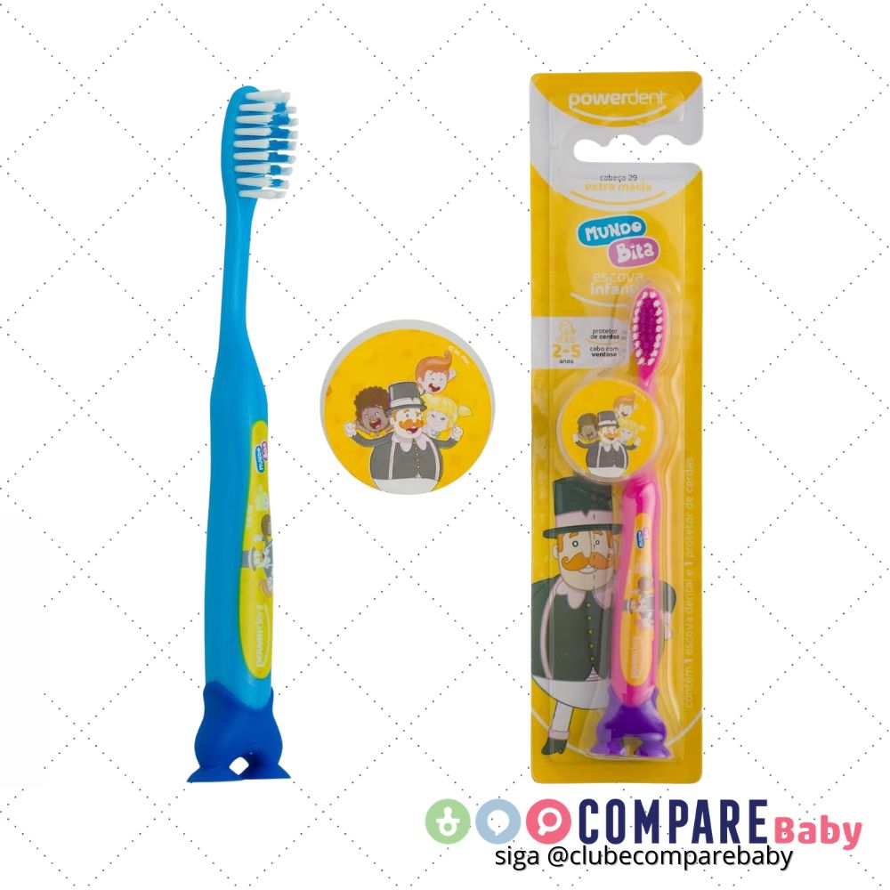 😍 Powerdent Escova De Dentes Mundo Bita Com Protetor De Cerdas 2-5 Anos Multicolorido