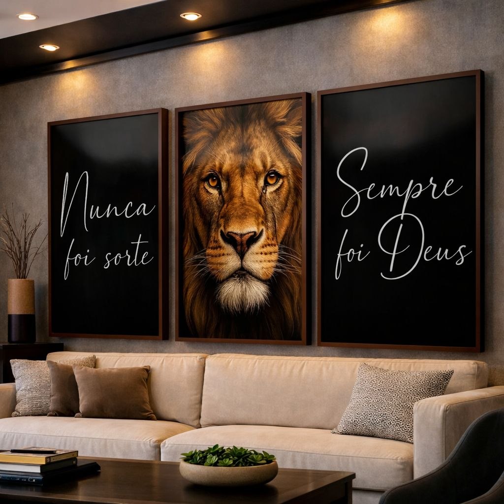 - Kit 3 Quadros Decorativos Leão de Judá Frase Nunca Foi Sorte Mosaico Sala Quarto Escritó