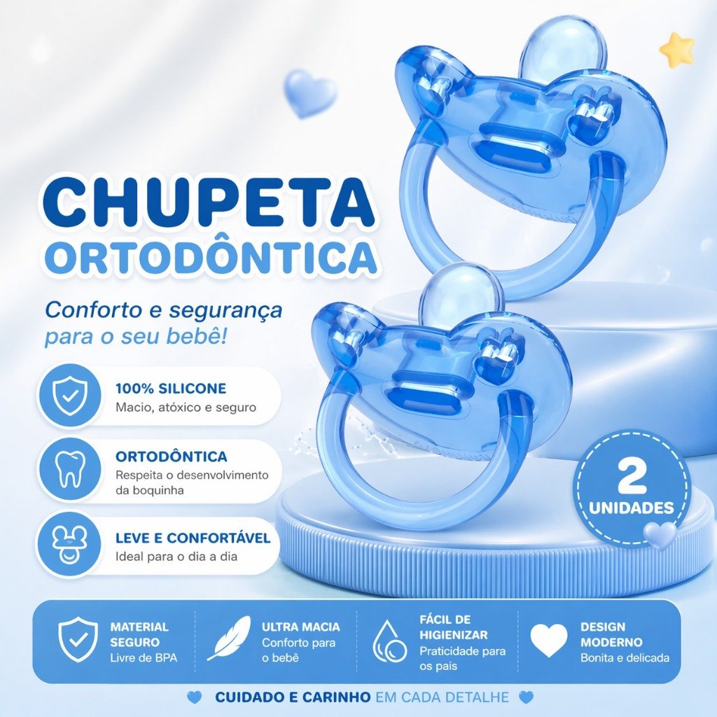 🛍️ Kit 2 Chupetas 100% Silicone Bico Ortodôntico Bebês 6 meses+ (0125)