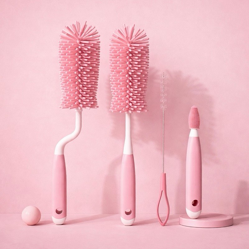 🛍️ Kit 4 Escova de Mamadeira Silicone 360° Limpeza Completa com Escova de Bico e Canudo