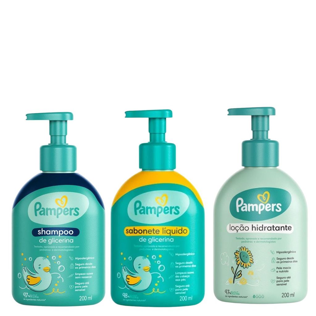 🛍️ Kit Pampers Baby Care Shampoo, Sabonete Líquido e Loção Hidratante Girassol 200ml Bebê