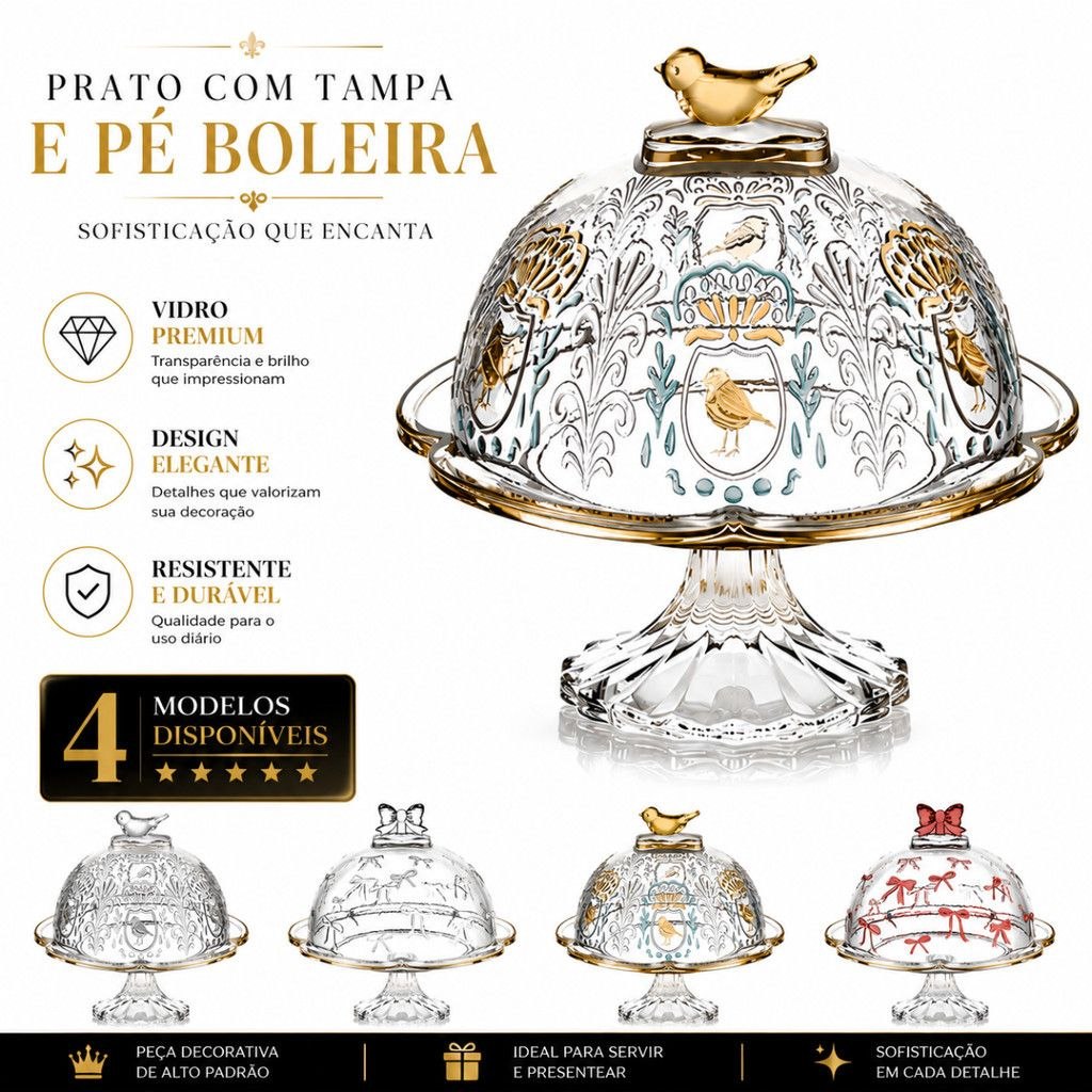 - Boleira de Vidro Cristal Pequena Luxo Bolo Doce Queijeira Mesa Posta 20cm