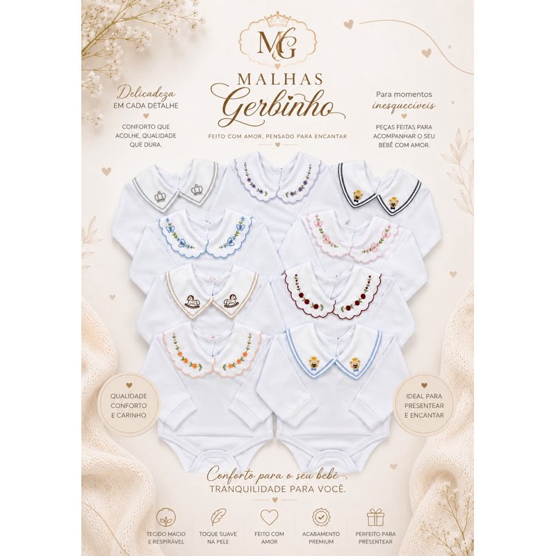 🛍️ Body Bebê Manga Longa com Gola Bordada Luxo – RN ao P, Saída Maternidade Enxoval