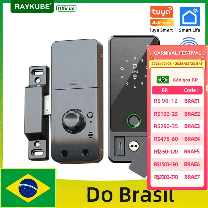 Fechadura Digital Inteligente RAYKUBE Tuya BLE com Biometria, Bluetooth, Controle pelo App