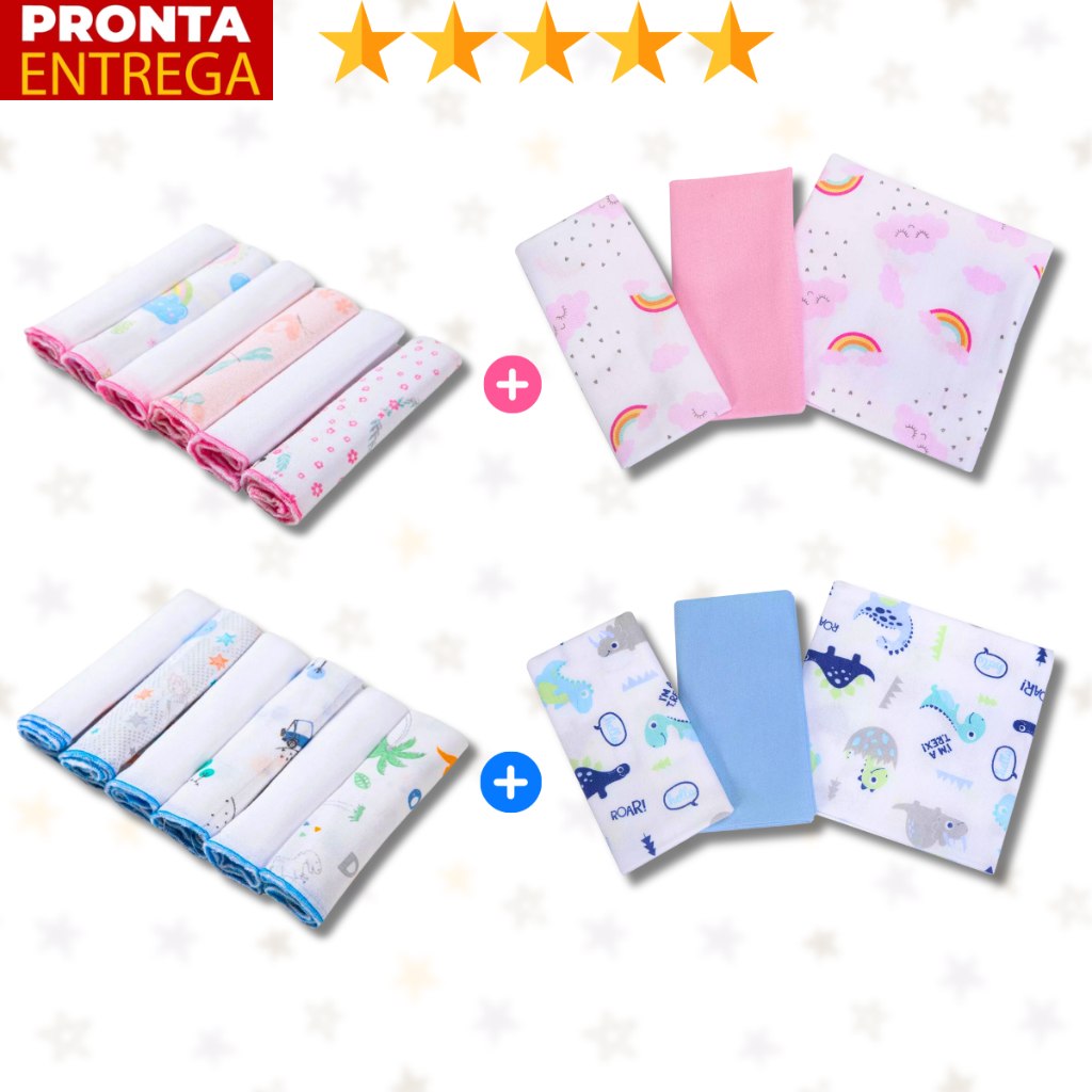 🛍️ Kit 9 Peças Enxoval Bebe 3 Cueiros 6 Paninhos De Boca Babete 100% Algodão Estampado