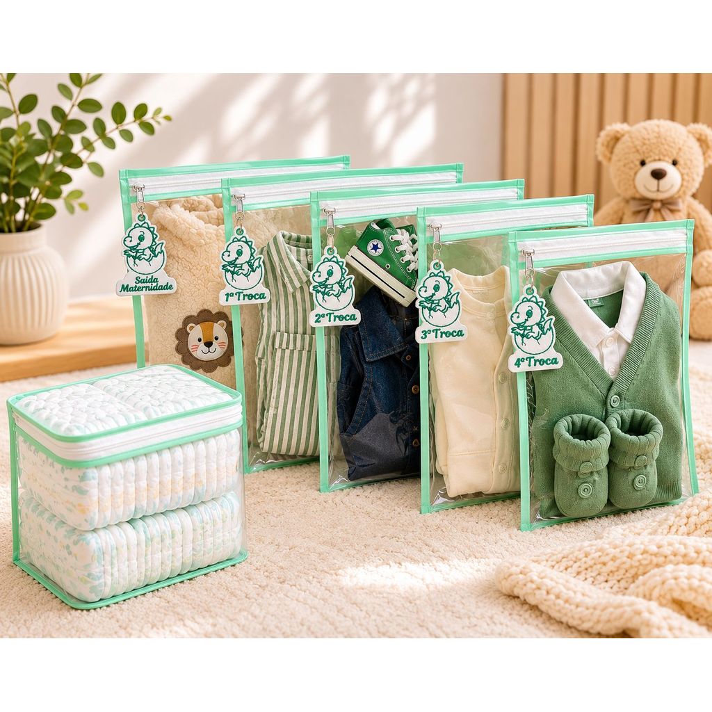 🛍️ Kit Organizador Mala Maternidade Bebê Completo 5 Saquinhos + Tags Bordadas + Porta Fra