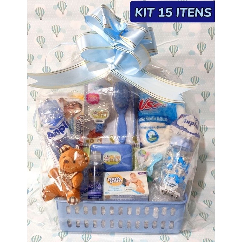 🛍️ Cesta presente bebe Kit 15 itens Mamadeira 240 ml/140 ml + sabonete pompom.+Kit banho
