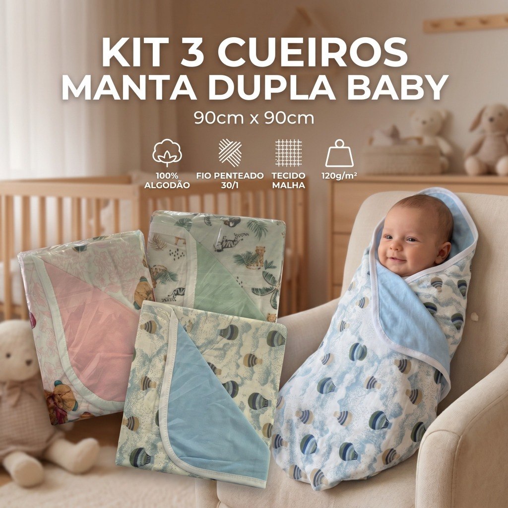 🛍️ Kit 3 Cueiro Manta Bebê Dupla Fase 100% Algodão 90X90cm Estampado Infantil Menino e Me
