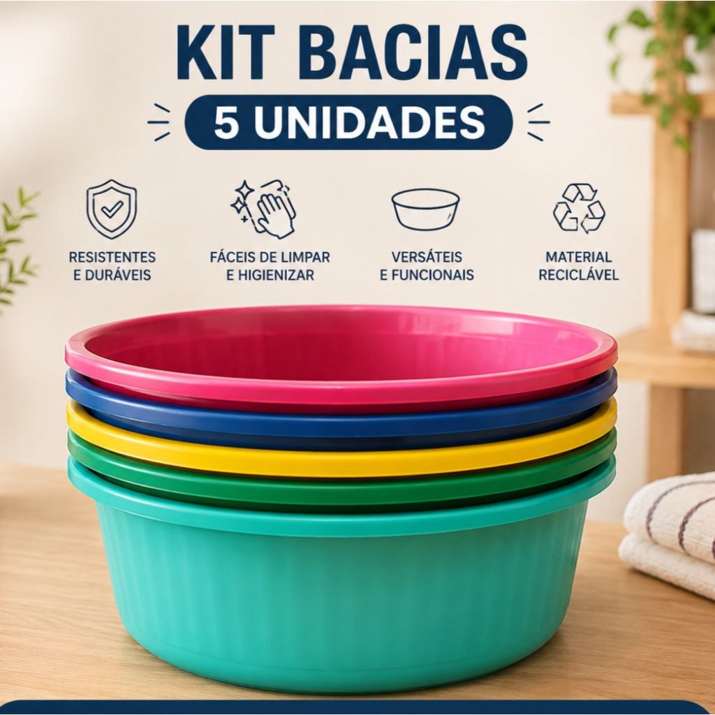 - Kit 5 Peças Bacia Canelada 2,7L De Plástico Redonda Colorida Grande Plástico Promoção Re