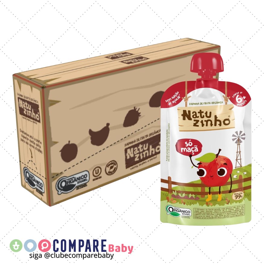 😍 Natuzinho, Kit com 6 Papinhas Orgânicas para Bebê, Sabor Maçã, Sem Açúcar, Aditivos ou
