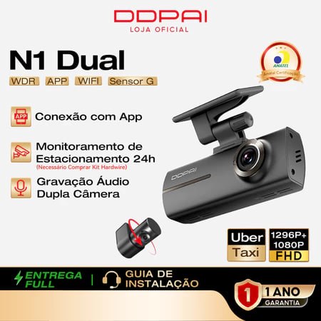📹Câmera Veicular DDPAI N1 Dual 1296P+1080P Uber WiFi App Supercapacitor Visão Noturna Gra