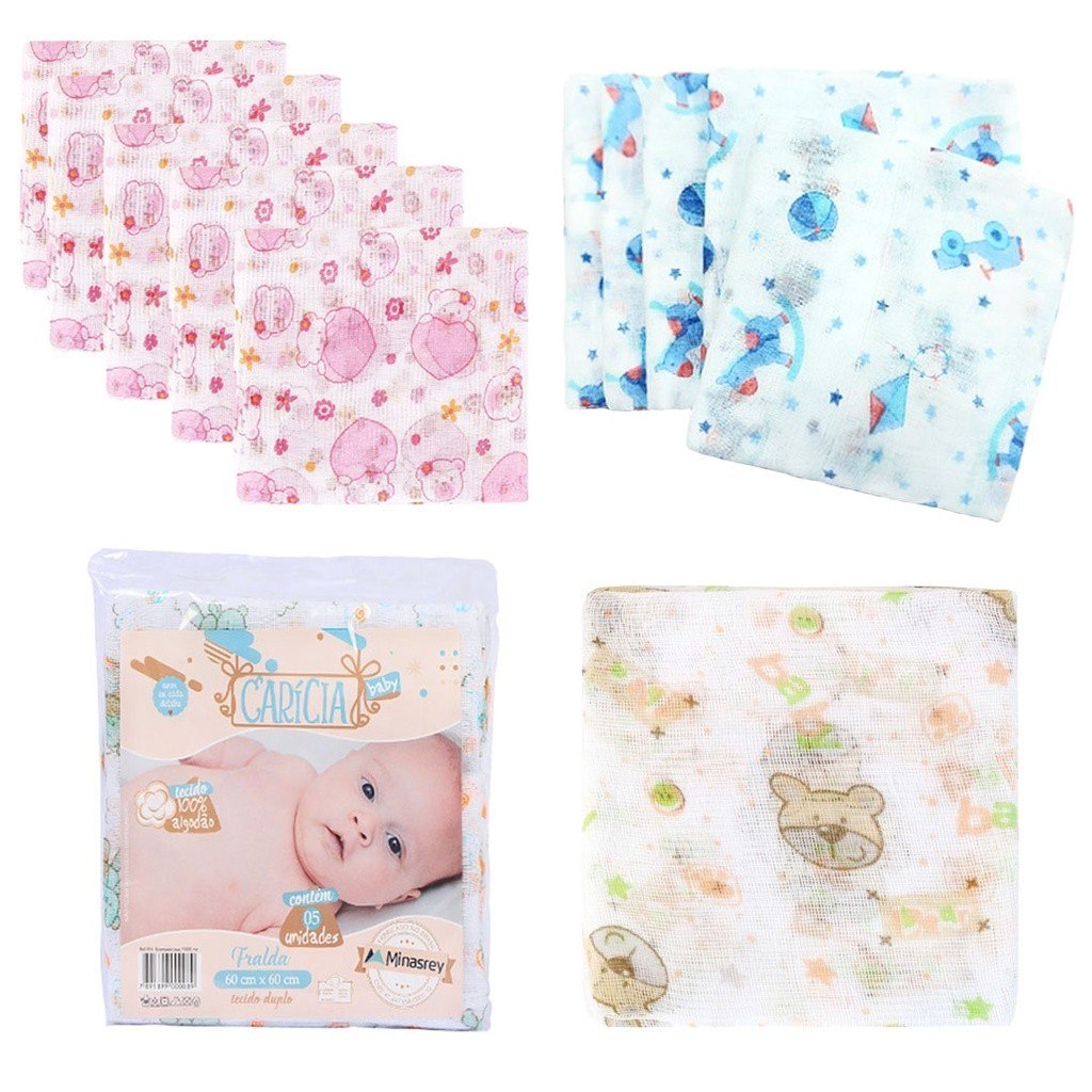 🛍️ Fralda de Pano Bebe Kit com 5 Unidades 60x60cm 100% algodão Minasrey - Estampada