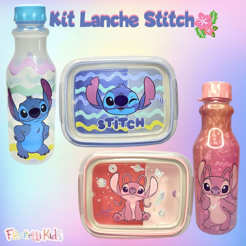 🛍️ Kit Lancheira Infantil Stitch Angel 2 itens Marmita + Garrafinha Conjunto Lanche Escol