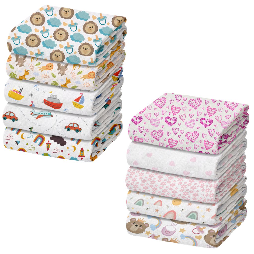 🛍️ Pacote 5 Fraldas de Pano Luxo Marca Minasrey Estampada para Bebês e Recém-Nascidos Gra