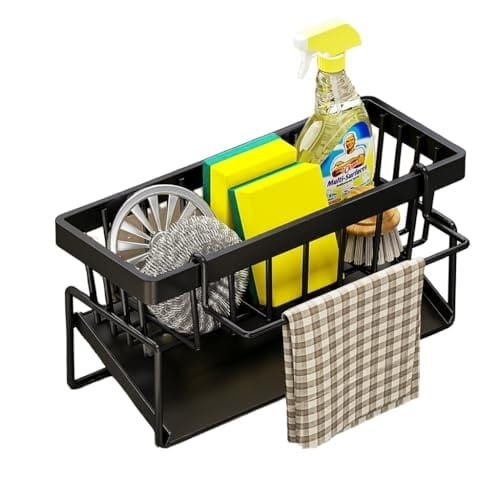 🛍️ Suporte Organizador de Esponja para Pia – Aço Carbono com Bandeja e Porta-Pano, Preto,