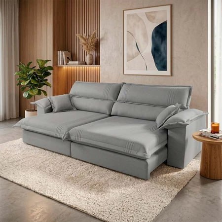 🛋Sofá Retrátil Reclinável 2,50m Nivus Cinza c/ Molas Ensacadas - King House