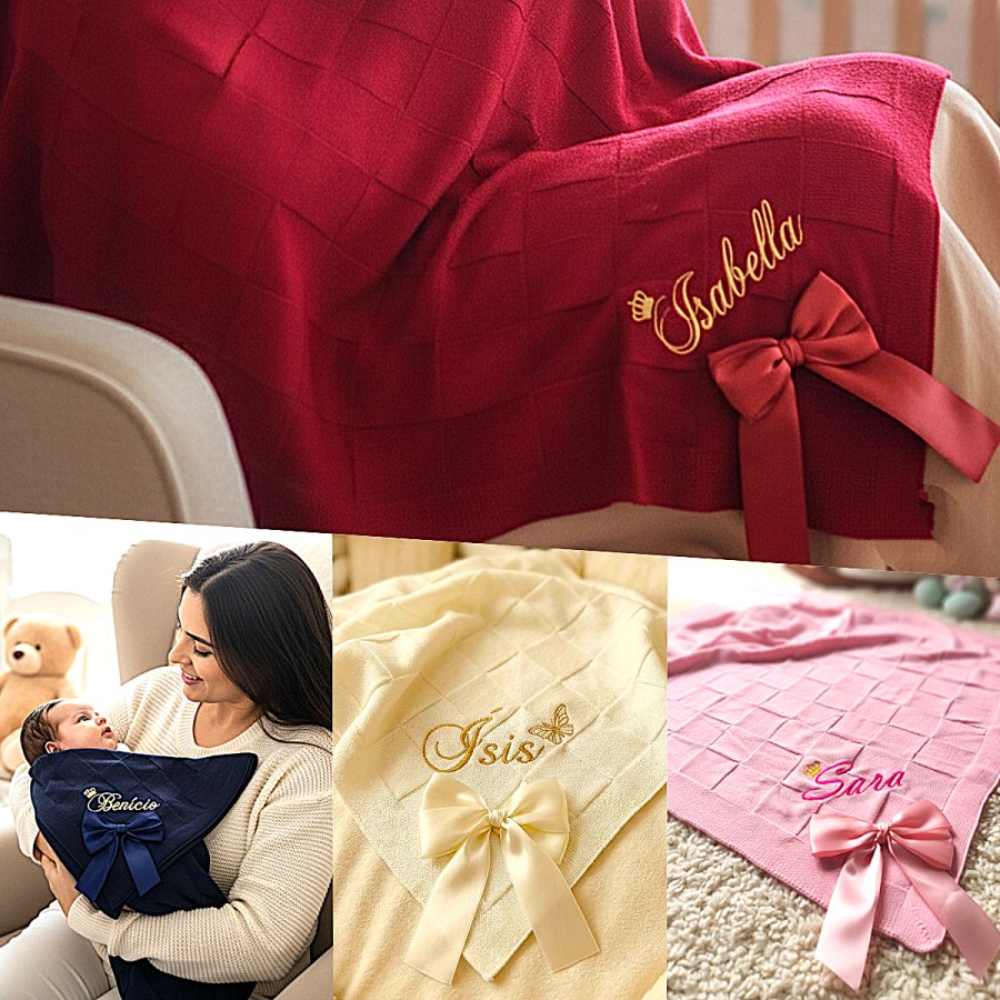 🛍️ Manta Bebê Personalizada com Nome Bordado  Maternidade Tricô menino ou menina Saída de