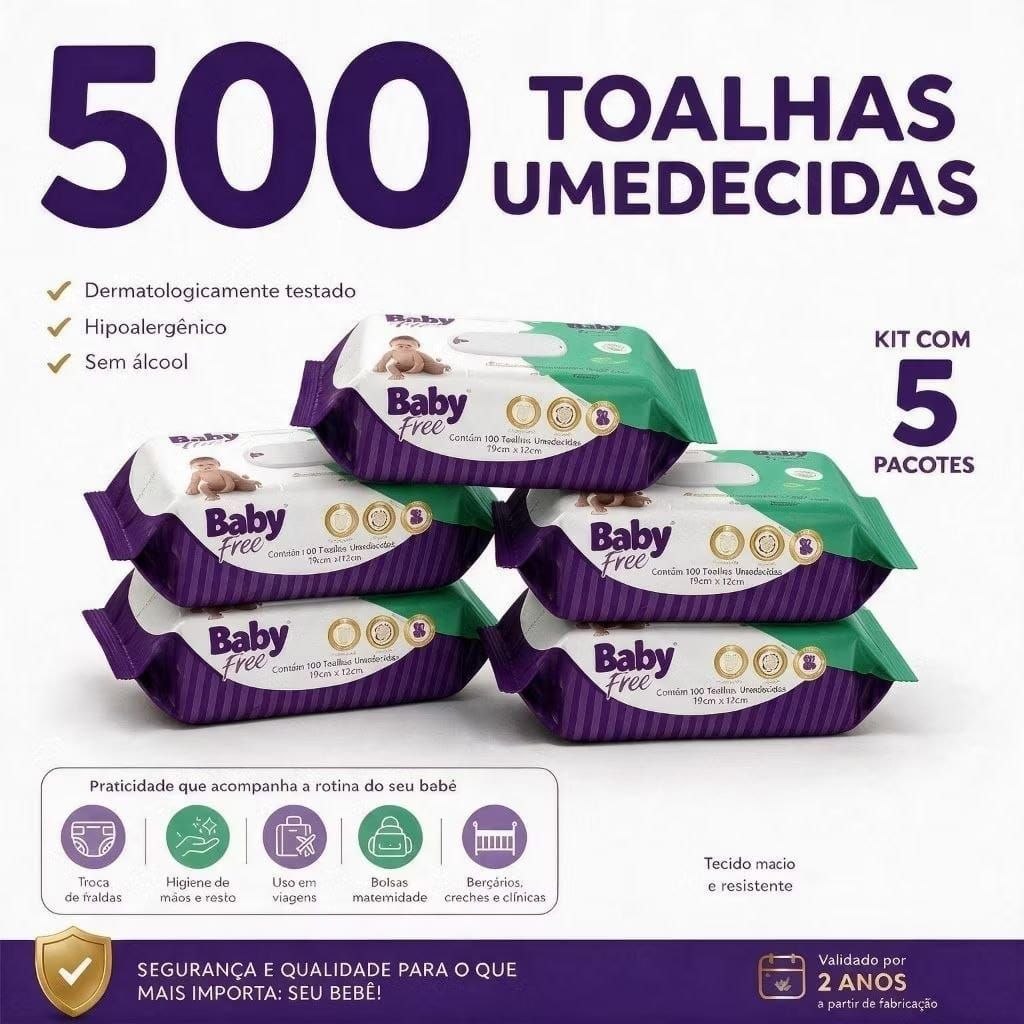 🛍️ Kit 05 pacotes de Toalhas Umedecidas/ Lenços  Baby free c/100- (sem tampa flip-top)