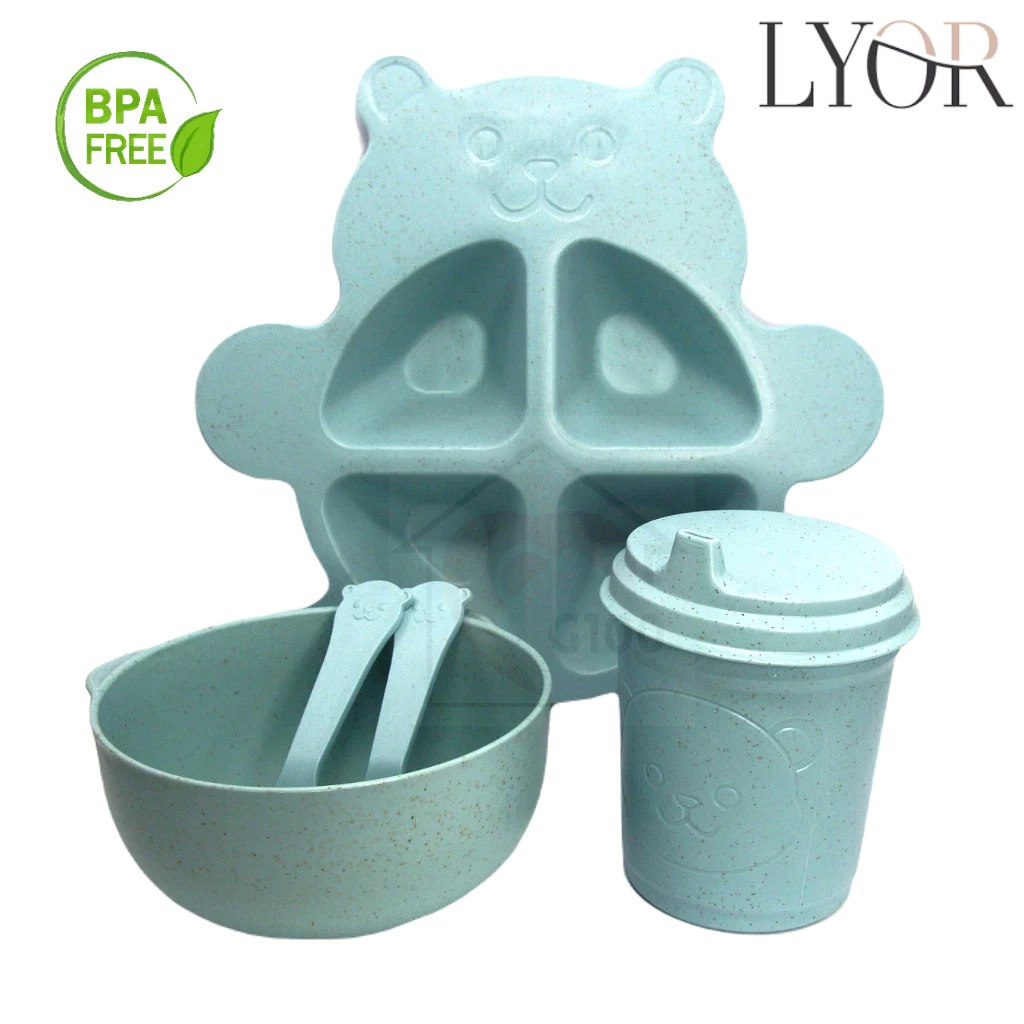 🛍️ Kit Alimentação Infantil c/4 Itens - Baby Bear  Azul - Bambu e PP Lyor