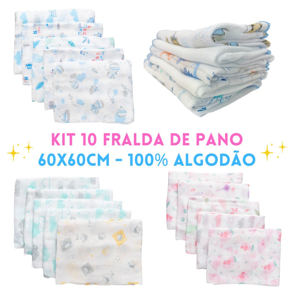🛍️ Fraldas de pano kit com 10 unidades 60x60cm 100% algodão Minasrey Bebê Babete Toalinha