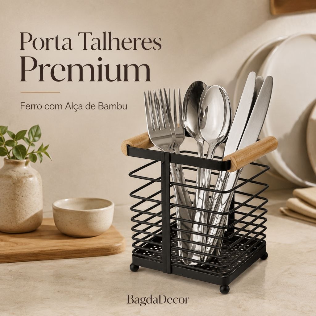 - Porta Talheres de Ferro com Alça Bambu - Design Moderno, Resistente, Compacto e Pronto E