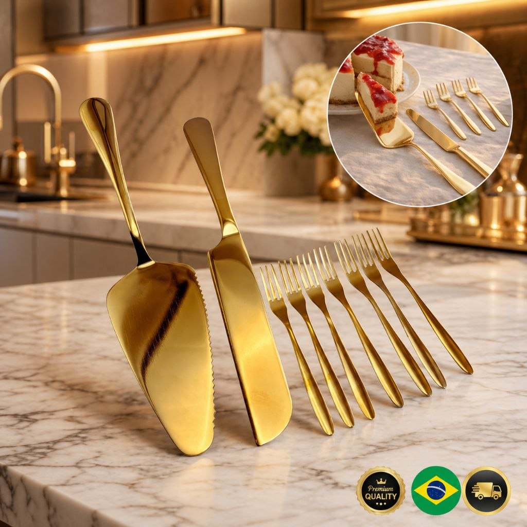 - Jogo Talheres Dourados Para Bolo e Sobremesa – 8 Peças Luxo Inox