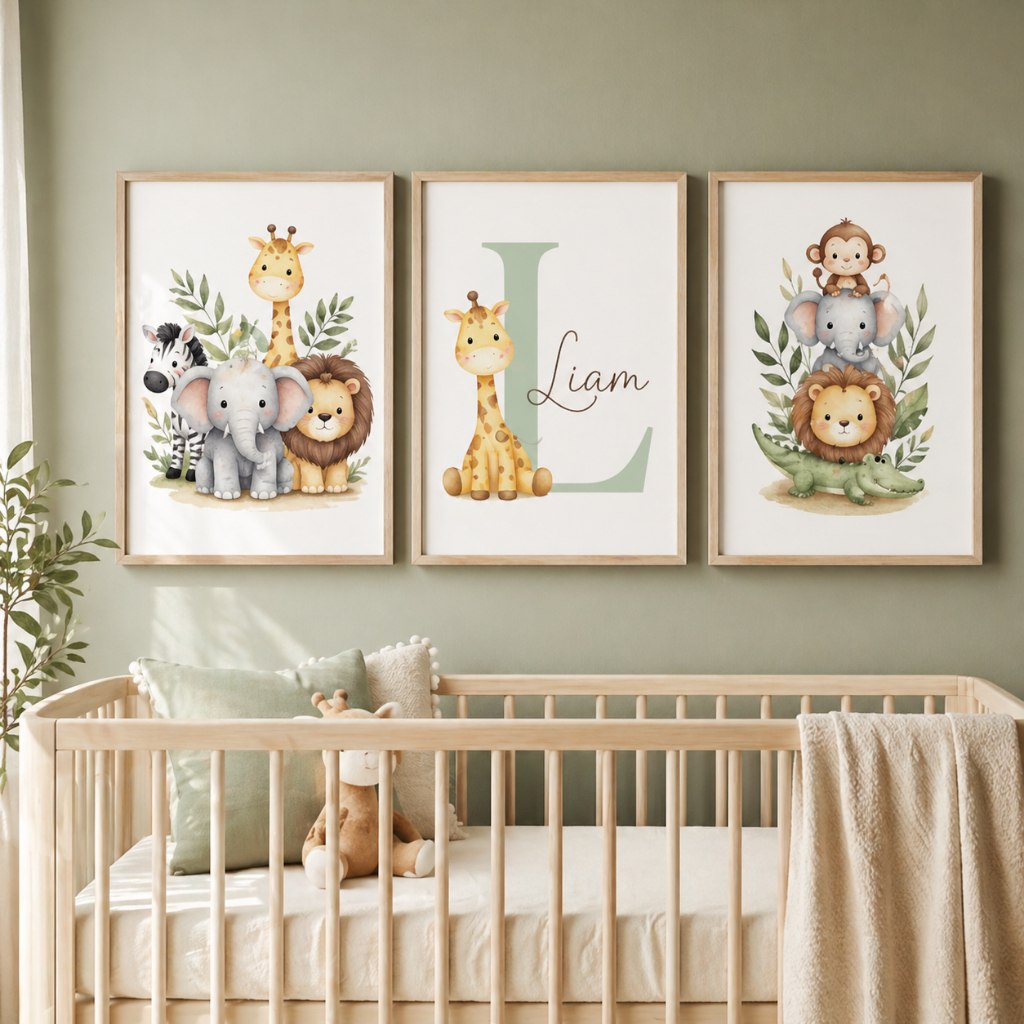 🛍️ Kit 3 Quadros Decorativos Infantil Safari Personalizado Com Nome Quarto Bebê Menino An